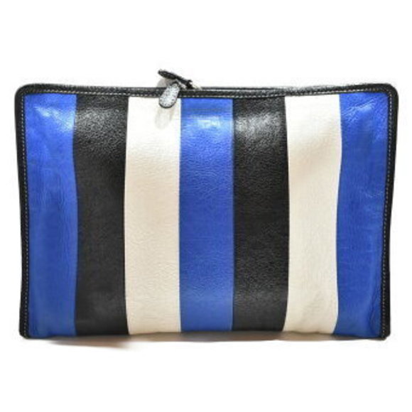 Stylish BALENCIAGA Bazaar Pouch Black White Blue Leather Clutch Bag - Picture 1 of 9